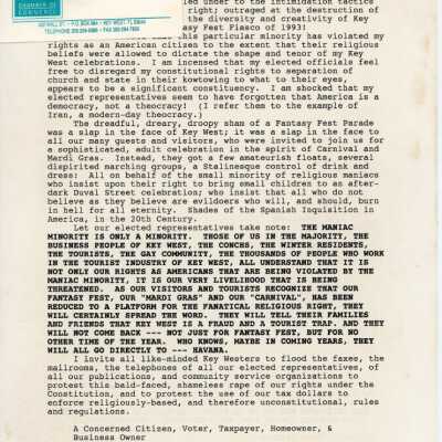 A letter to the Fantasy Fest committee from a concerned citizen, voter, tax