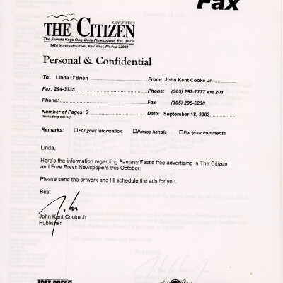 A fax to Linda O'Brien and John Kent Cooke Jr from the Key West Citizen regarding free advertising.