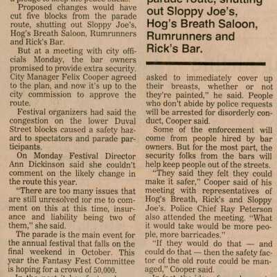 An article in the Key West Citizen about Fantasy Fest that reads Fantasy Fest route won't be changed.