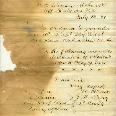 Civil War Letter from St. Marks aboard U.S. Steamer Mohawk
