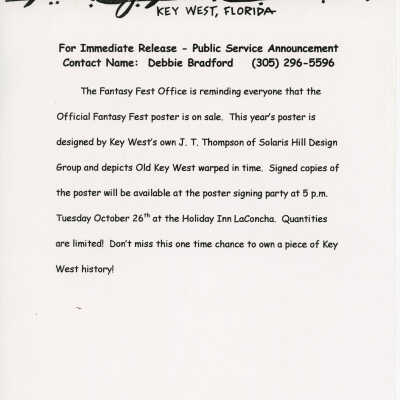 Public Service Announcement telling everyone of the sale of the Fantasy Fest festival poster.