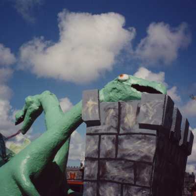A float that is waiting for the parade to start.