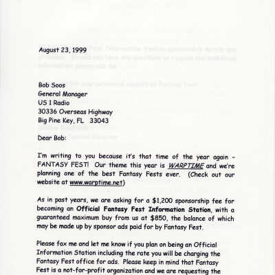 A letter to Bob Soos GM of US 1 radio from Debbie Bradford regarding sponsorship.