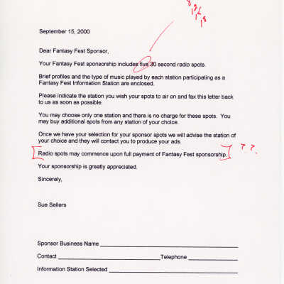 Sponsor letter regarding the radio spots.