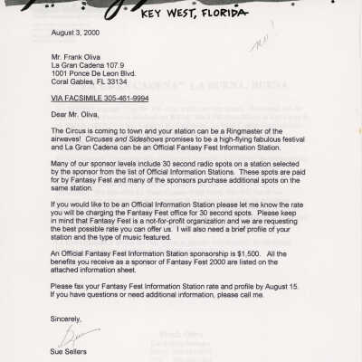 A letter to Frank Oliva from 107.9 from Sue Sellers about radio time.