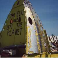 A float that will be in the parade that reads the elvi have left the planet.