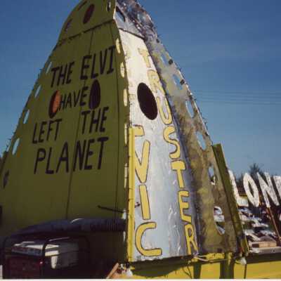 A float that will be in the parade that reads the elvi have left the planet.