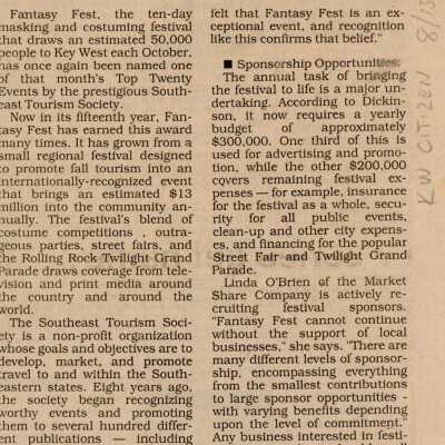 An article in the Key West Citizen that reads Fantasy Fest earns award, seeks business sponsors.