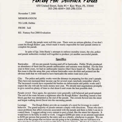 A memo to Lob and Debbie from Judi of a Fantasy Fest evaluation.