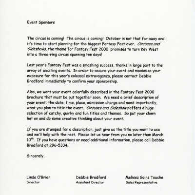 Letter to sponsors about the upcoming Fantasy Fest festivities.