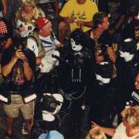 A group of unknown people dressed up walking in the street.