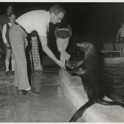 An unknown man shaking a seals fin