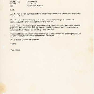 A fax to Linda O'Brien from Vicki Roush about the Fantasy Fest website.