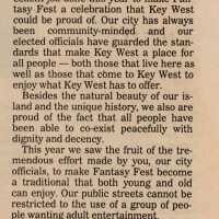 An article in the Key West Citizen about Fantasy Fest that reads Niles, Lopez: Congratulations on putting on excellent event.