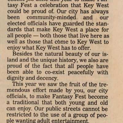 An article in the Key West Citizen about Fantasy Fest that reads Niles, Lopez: Congratulations on putting on excellent event.