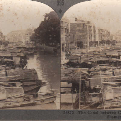 Stereoview of boats on a canal in China