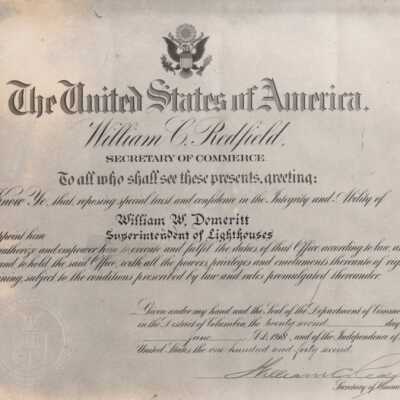 Certificate designating William Demeritt as Superintendent of Lighthouses: Copyright: © Key West Art & Historical Society; Origformat: Print-Photographic