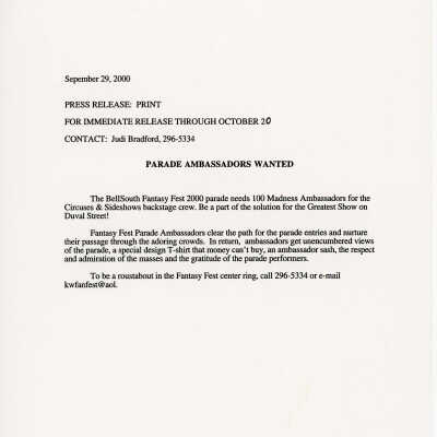 A press release to print about parade ambassadors wanted.