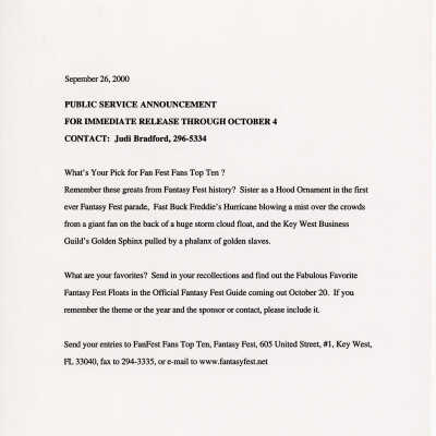 Public Service Announcement looking for prior favorite parade floats.