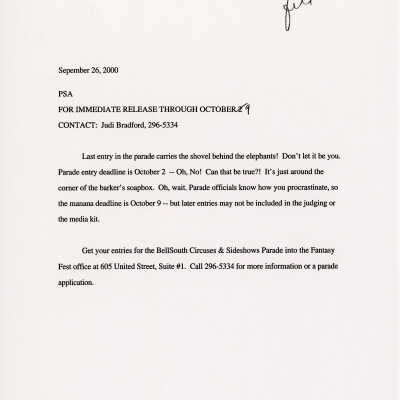 Public Service Announcement about the parade deadline.