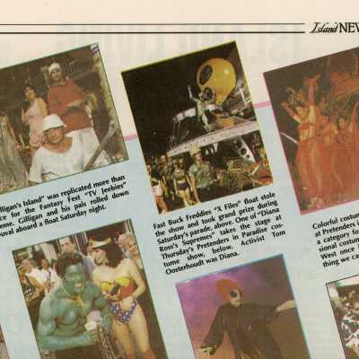 Multiple pictures and captions of Fantasy Fest in the Island News newspaper.
