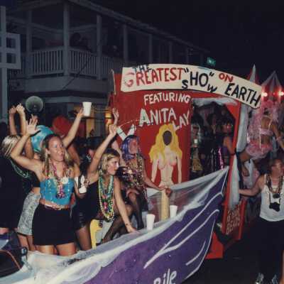 A float in the parade that reads the greatest show on earth.