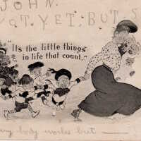 Cartoon of a woman with many small children