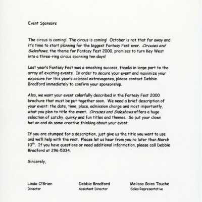 Letter to sponsors about the upcoming Fantasy Fest festivities.