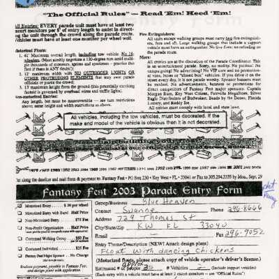 Fantasy Fest parade entry form from Blue Heaven.
