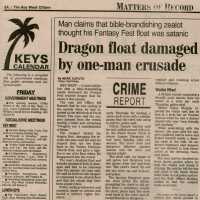 An article in the Key West Citizen that reads Dragon float damaged by one man crusade.