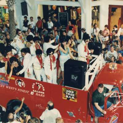 A float with unknown people on it during the parade.