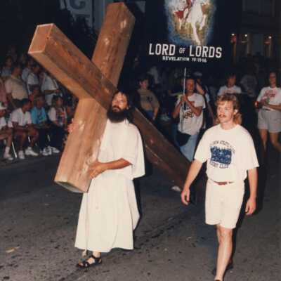 An unknown group of religious people walking in the parade.
