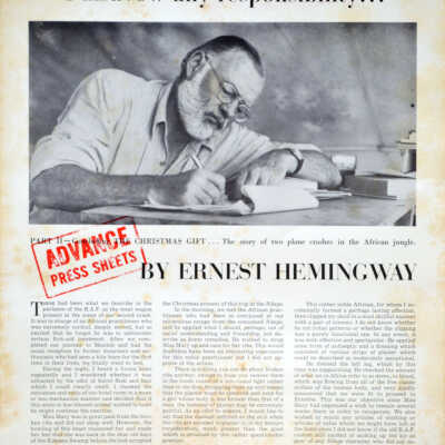 Ernest Hemingway Advance Press Sheets 'Part II - Concluding the Christmas Gift...The Story of Two Plane Crashes in the African Jungle'
