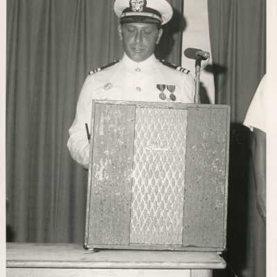 Unknown man in uniform at the podium
