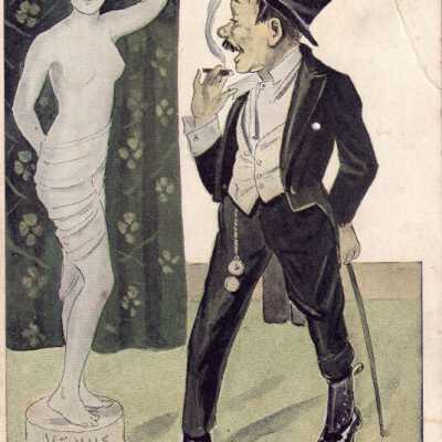 Man in a top hat looking at a statue