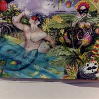 A painting of a male mermaid blowing on a conch shell.