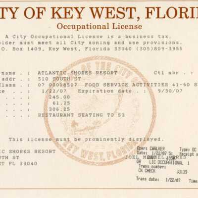 Occupational License for Atlantic Shores: Copyright: @ Key West Art & Historical Society; Origformat: Print-Photographic
