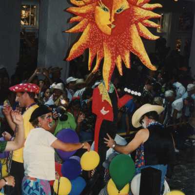Unknown people on a float in the parade.