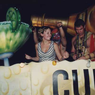 Unknown people on a float in the parade.
