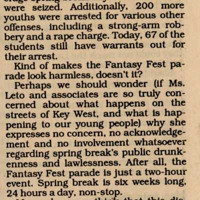 An article in the Key West Citizen about Fantasy Fest that reads Fest crusade misses mark.