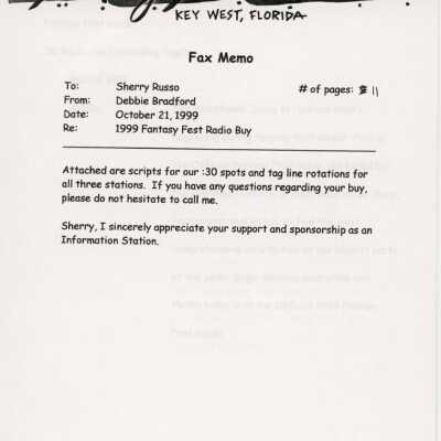 A fax from Debbie Bradford to Sherry Russo of a List of scripts.