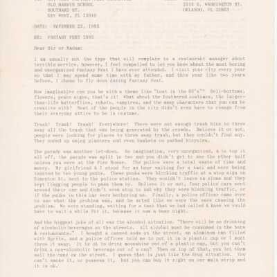 A letter to the Fantasy Fest committee from Kelly Mcclain with a complaint.