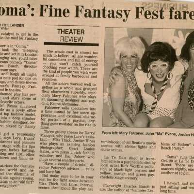 An article in the Key West Citizen about Fantasy Fest that reads 'Coma': Fine Fantasy Fest fare.