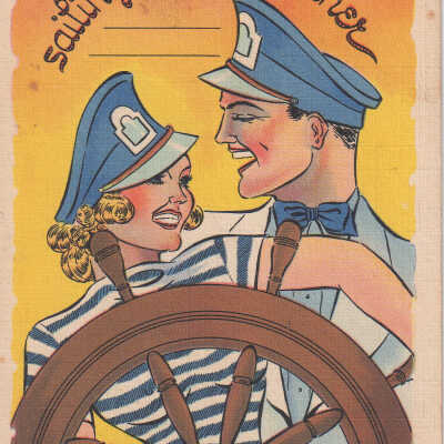 Cartoon of a sailor man and woman near a ship's wheel