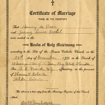 Marriage Certificate for Henry deBoer and Jenny Bethel