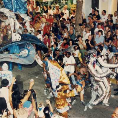 Unknown person dressed up in a costume in the parade.