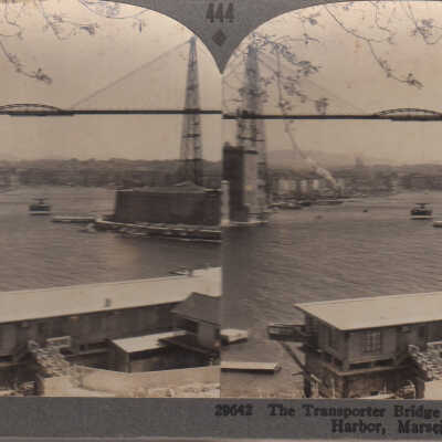 Stereoview of a bridge and harbor in Marseille, France