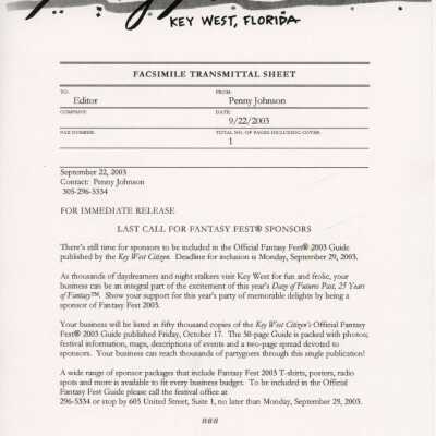 A fax to the editor from Penny Johnson regarding the last call for Fantasy