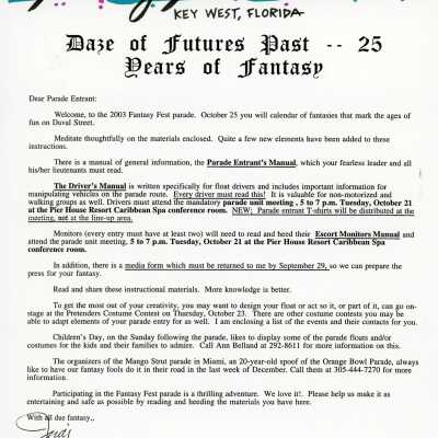 Welcome letter to the parade entrants.