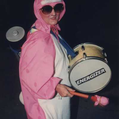 Unknown person dressed up as the energizer bunny.